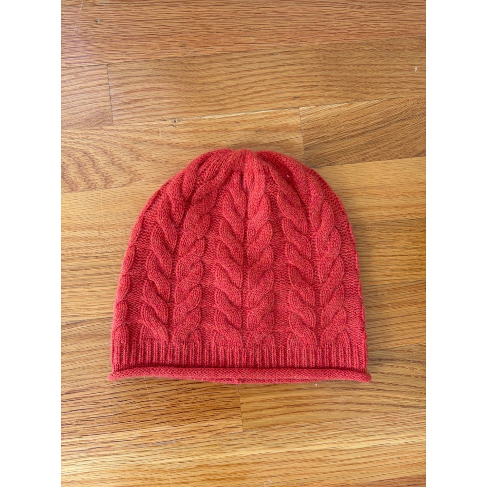 Tahari Red Orange 100% Cashmere Cable Knit Beanie Hat Luxury Winter Accessory